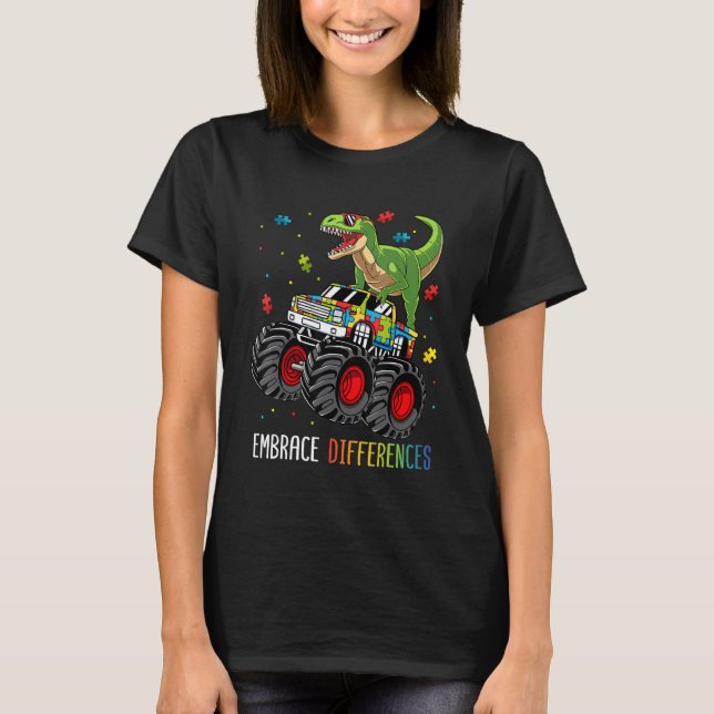 Autism Awareness Dinosaur T-rex Monster Truck Boys T Shirt (Framsida)