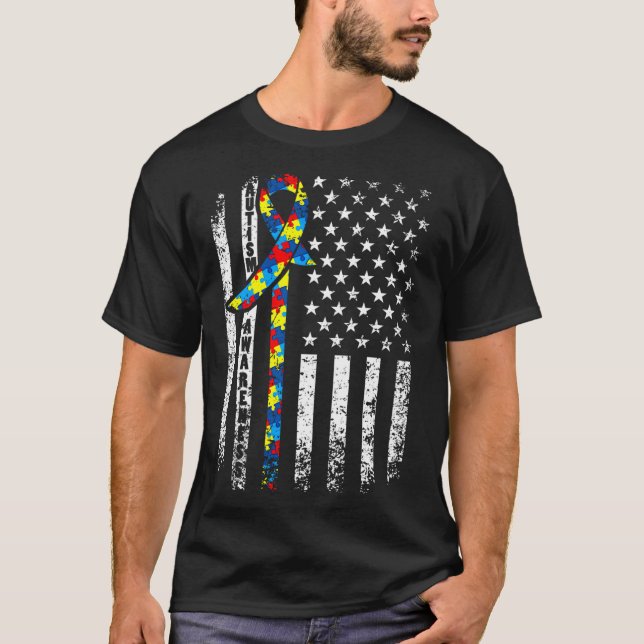 Autism Awareness Distress American Flagga Cute Puz T Shirt (Framsida)