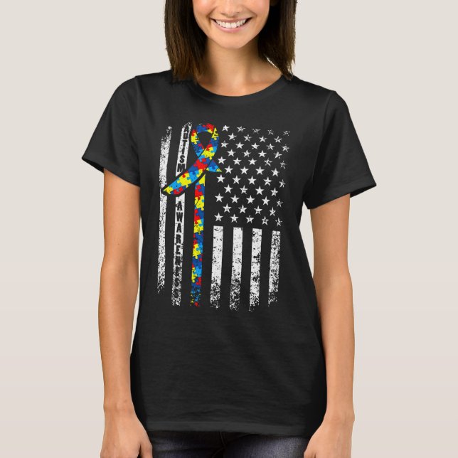 Autism Awareness Distress American Flagga Cute Puz T Shirt (Framsida)