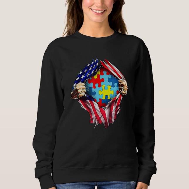 Autism Awareness Distress American Flagga Puzzle H T Shirt (Framsida)