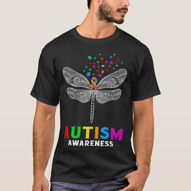 Autism Awareness Dragonfly Puzzle Pieces Support A T Shirt (Framsida)