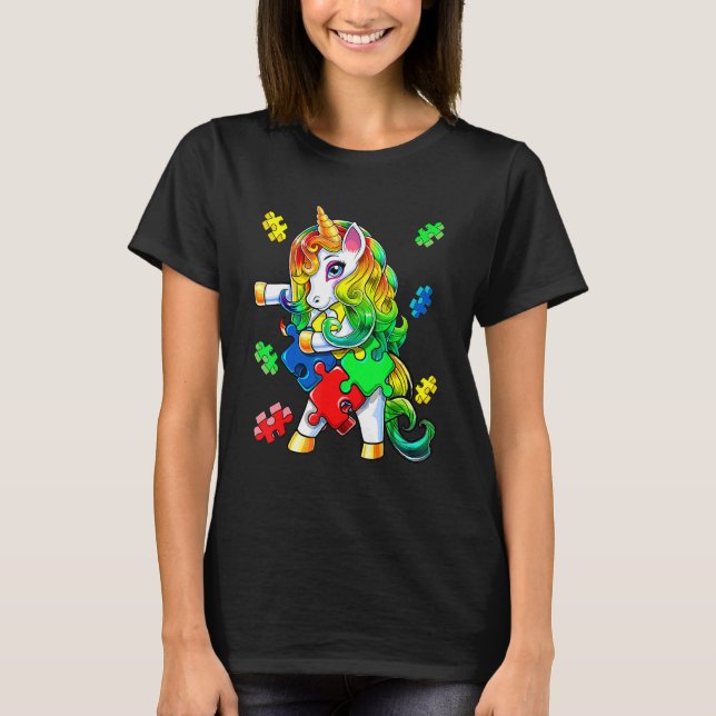 Autism Awareness Flossing Unicorn Puzzle Biet T Shirt (Framsida)
