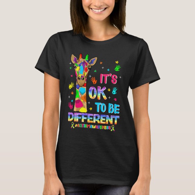 Autism Awareness Giraffe Flower Its Ok To Be Diffe T Shirt (Framsida)
