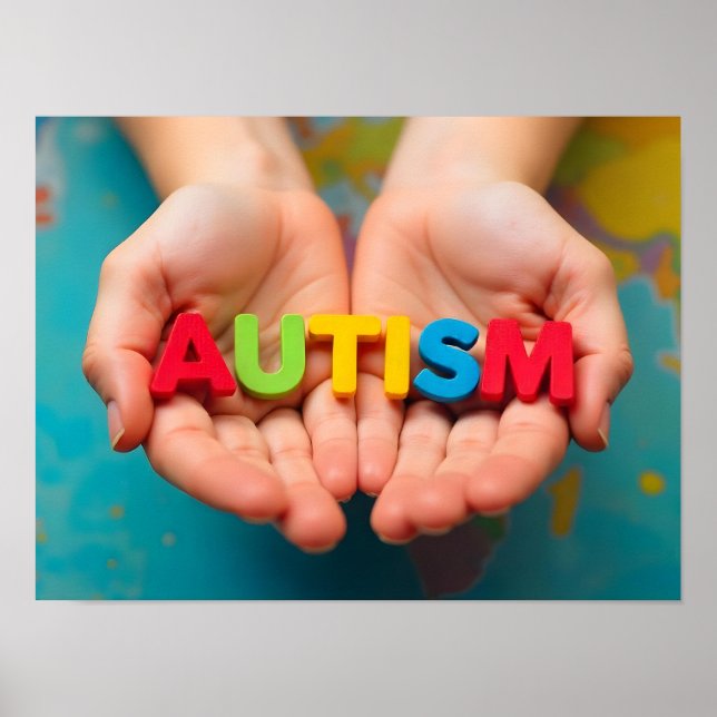 Autism Awareness Händer Holding Colorful Brev Poster (Framsidan)