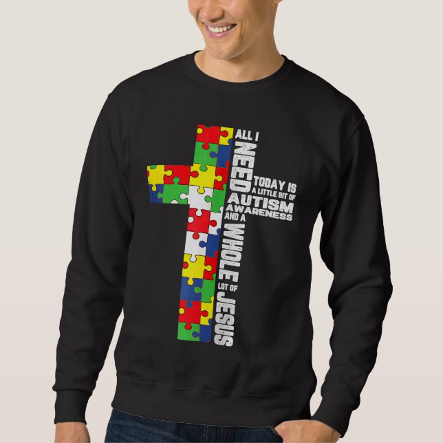 Autism Awareness Jesus Cross Christian God Jigsaw  Lång Ärmad Tröja (Framsida)