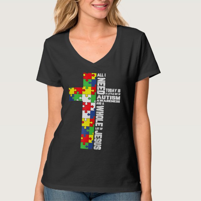 Autism Awareness Jesus Cross Christian God Jigsaw  T Shirt (Framsida)