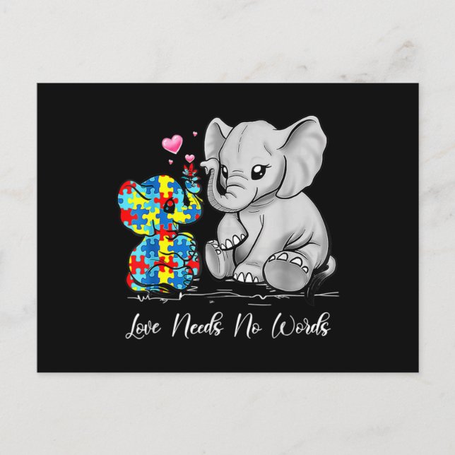Autism Awareness Love Needs No Words Elephant Supp Vykort (Framsida)