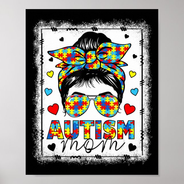 Autism Awareness Mamma Life Messy Bun Bleached Mot Poster (Framsidan)