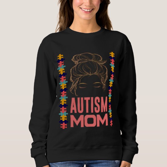 Autism Awareness Mamma Messy Bun Puzzle Mor's Day T Shirt (Framsida)