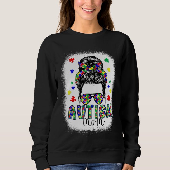 Autism Awareness Mom Life Messy Bun Bleached Mothe T Shirt (Framsida)