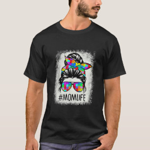Autism Awareness Momlife Messy Bun Puzzle Beached T Shirt