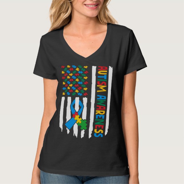 Autism Awareness Month American Flag Puzzle Piece  T Shirt (Framsida)