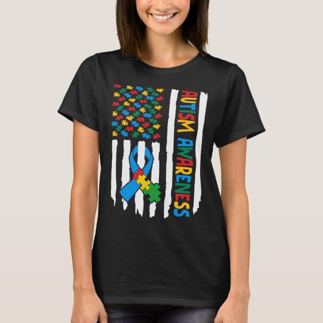Autism Awareness Month American Flag Puzzle Piece  T Shirt (Framsida)
