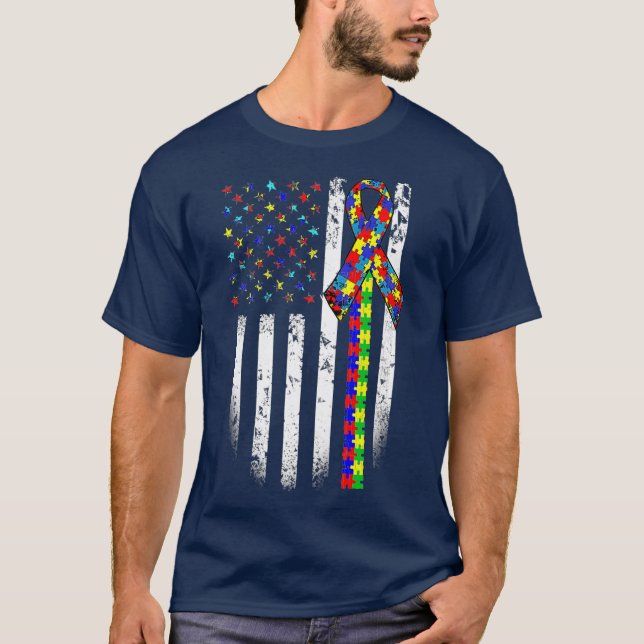 Autism Awareness Month American Flagga Autistic T Shirt (Framsida)