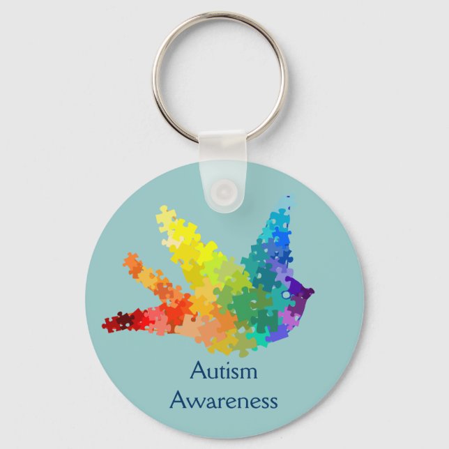 Autism Awareness Puzzle Bird Keychain Nyckelring (Framsida)