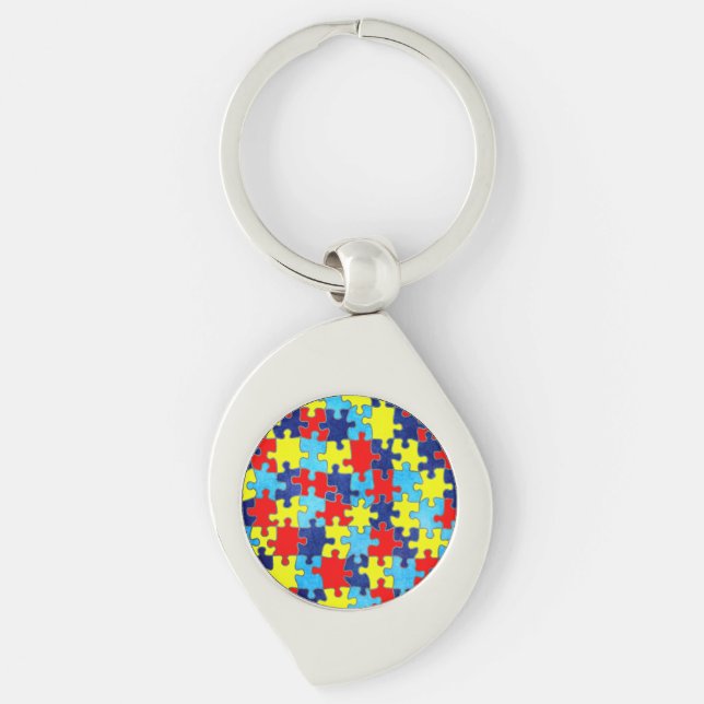 Autism Awareness-Puzzle by Shirley Taylor Swirl Silverfärgad Nyckelring (Framsidan)