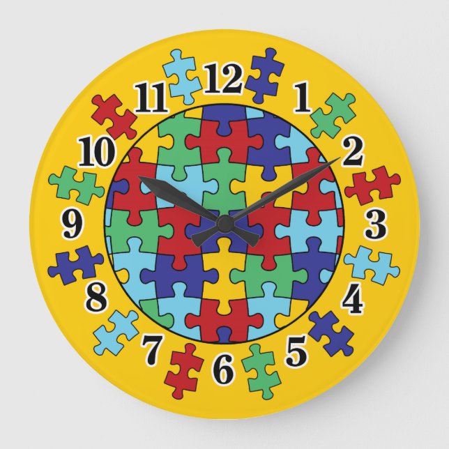 Autism Awareness Puzzle Mönster Stor Klocka (Framsida)