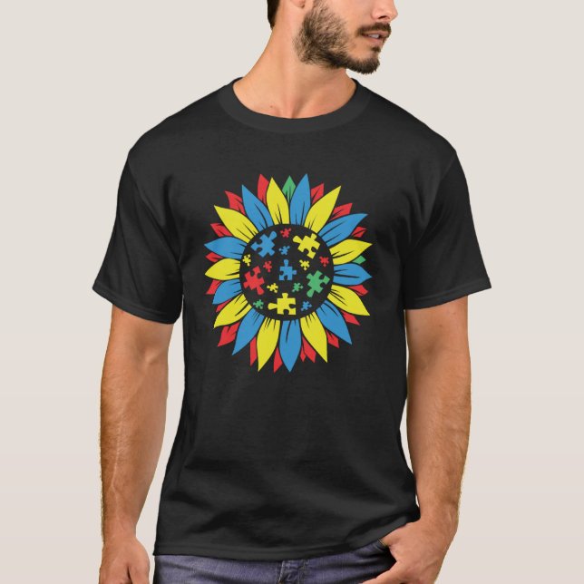 Autism Awareness Puzzle Piece Sunflower Autism War T Shirt (Framsida)