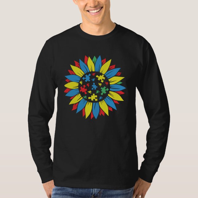 Autism Awareness Puzzle Piece Sunflower Autism War T Shirt (Framsida)