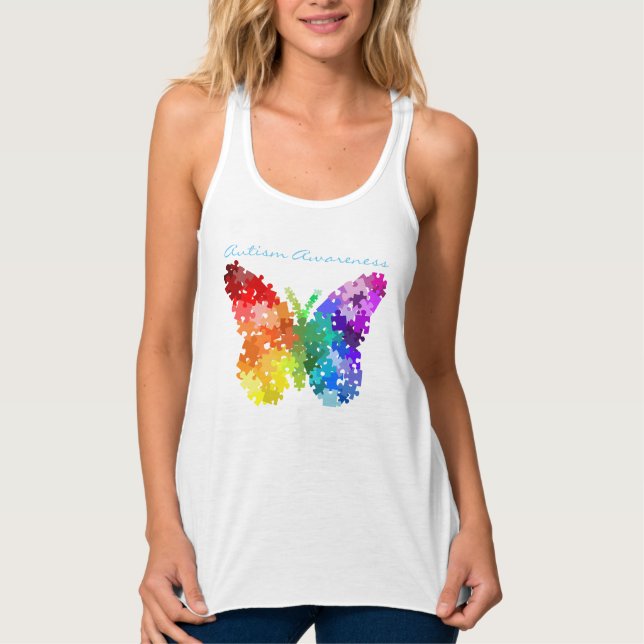Autism Awareness Rainbow Puzzle Butterfly Linne Med Racerback (Framsida)