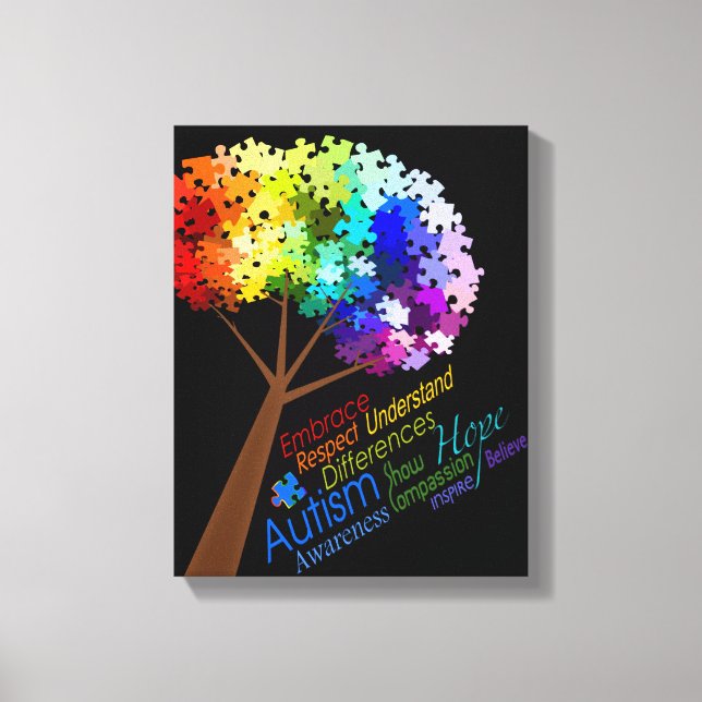 Autism Awareness Rainbow Puzzle Träd med Ord Canvastryck (Framsida)