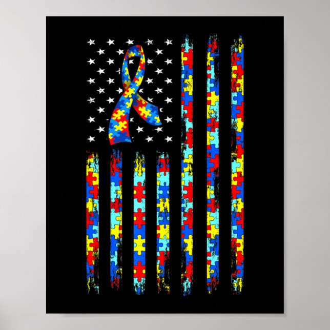 Autism Awareness Shirt American Flag Ribbon Puzzle Poster (Framsidan)