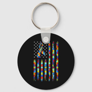 Autism Awareness Shirt American Flagga Ribbon Puzz Nyckelring