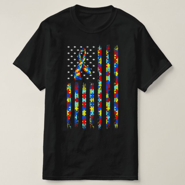 Autism Awareness Shirt American Flagga Ribbon Puzz T (Design framsida)