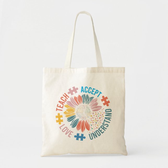 Autism Awareness Sunflower "Teach Love Accept" Tygkasse (Framsidan)