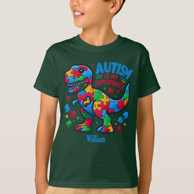 Autism Awareness T-Rex Dino Superpower Personalize T Shirt (Framsida)