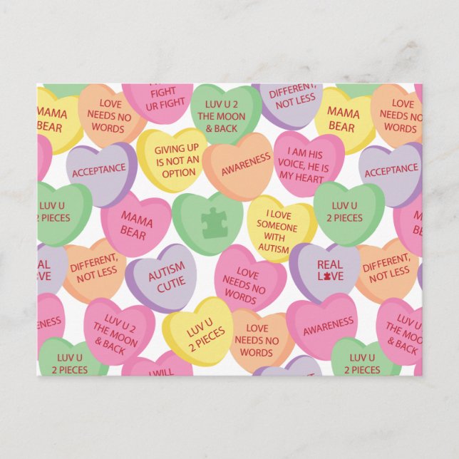 Autism Awareness Valentine Heart Candy Ord Helg Vykort (Framsida)
