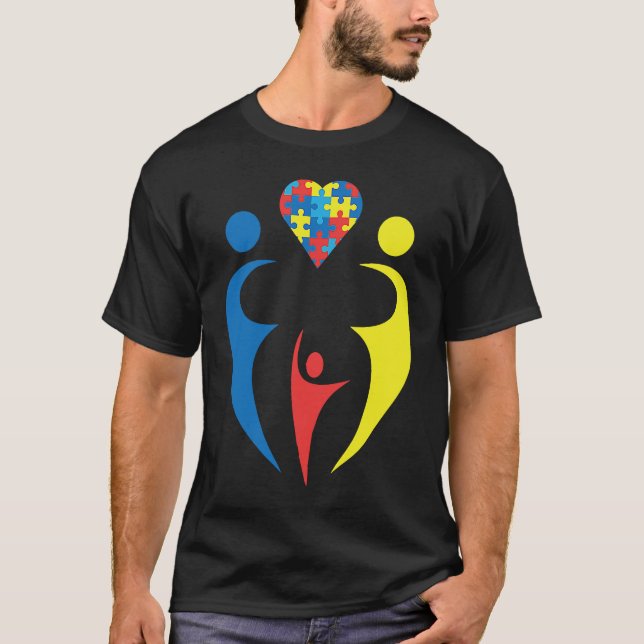 Autism Awarness Family Trio Heart Puzzle Design T Shirt (Framsida)