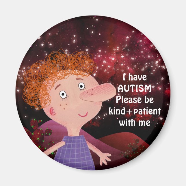 AUTISM AWARNESS LAPEL Red Hair Boy Burgunde Magnet (Framsidan)