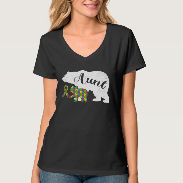 Autism Bear Aunt  Women's Autism Awareness Aunties T Shirt (Framsida)