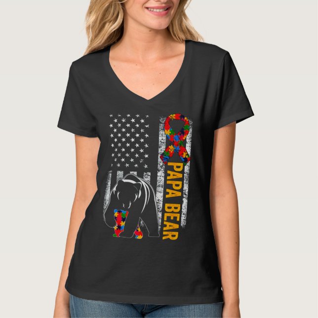 Autism Bear Pappa American Flagga Awareness T Shirt (Framsida)