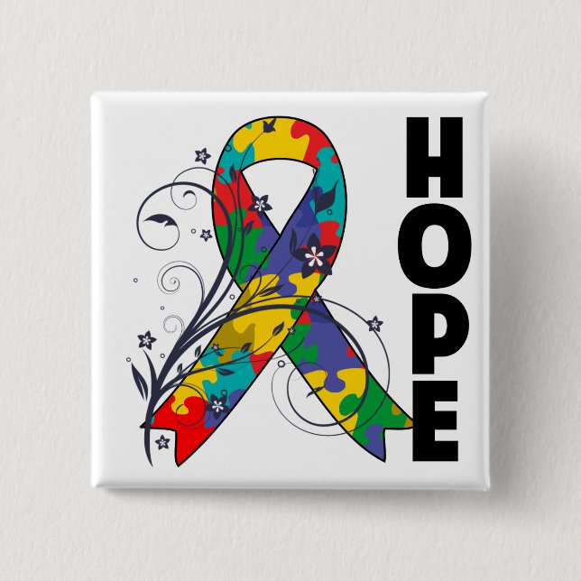 Autism Blommigt Hope Ribbon Knapp (Framsida)