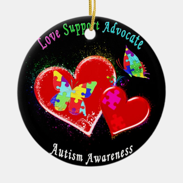 Autism Butterflies in Hearts Julgransprydnad Keramik (Framsidan)