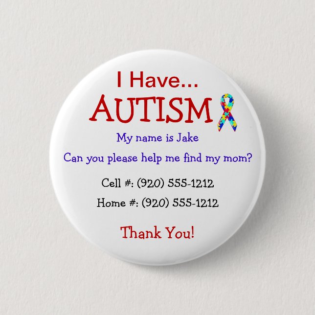 Autism Child's ID Button eller Pin (ändringsbar te Knapp (Framsida)