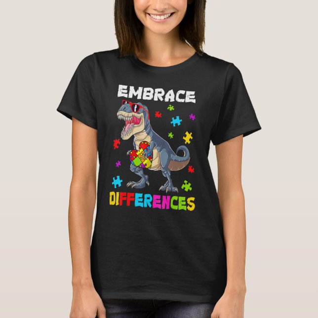 Autism Embrace Differences Dinosaur Rex Kids Cute T Shirt (Framsida)