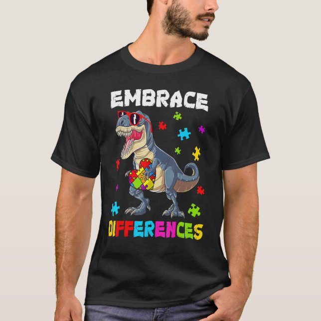 Autism Embrace Differences Dinosaur Rex Kids Cute  T Shirt (Framsida)