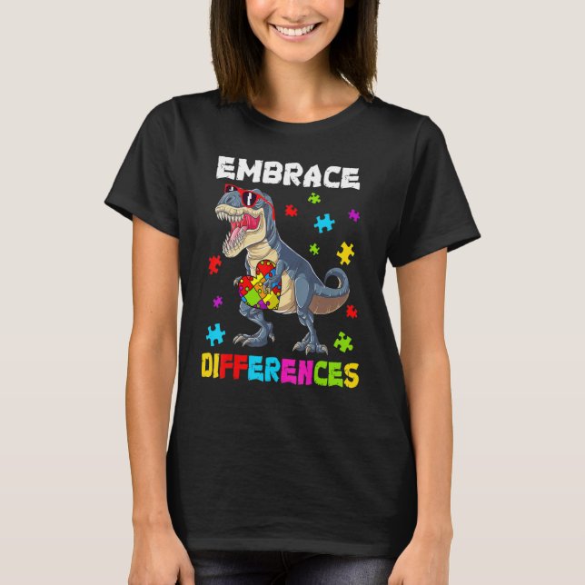 Autism Embrace Differences Dinosaur Rex Kids Cute  T Shirt (Framsida)