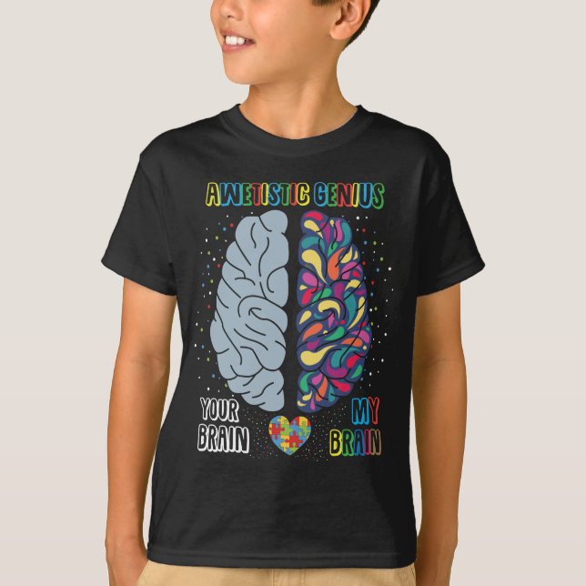 Autism Genius Heart Autistisk färgad hjärna T Shirt (Framsida)