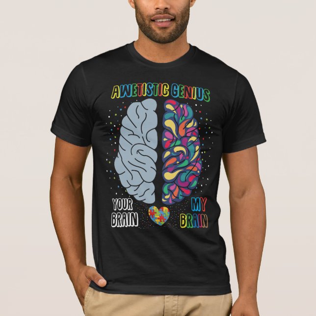 Autism Genius Heart Autistisk färgad hjärna T Shirt (Framsida)