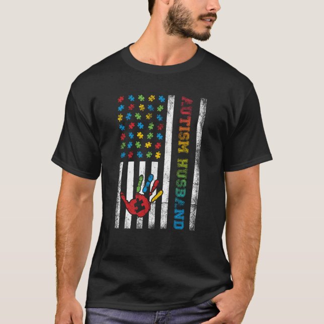 Autism Husband American Flag Autism Awareness T Shirt (Framsida)