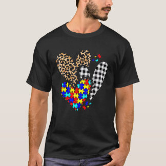 Autism Leopard Plaid Buffalo Heart Autism Medveten T Shirt