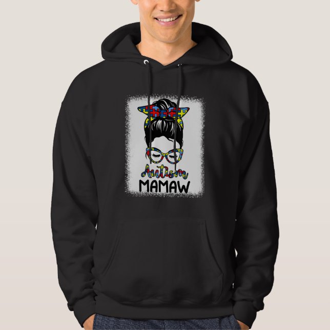 Autism Mamaw Messy Bun Bleached Autism Awareness Hoodie (Framsida)
