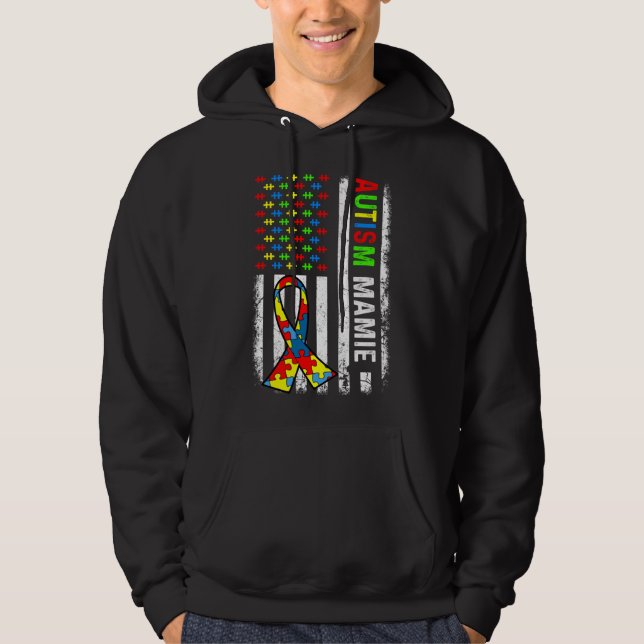 Autism Mamie American Flagga Autism Awareness Fami Hoodie (Framsida)