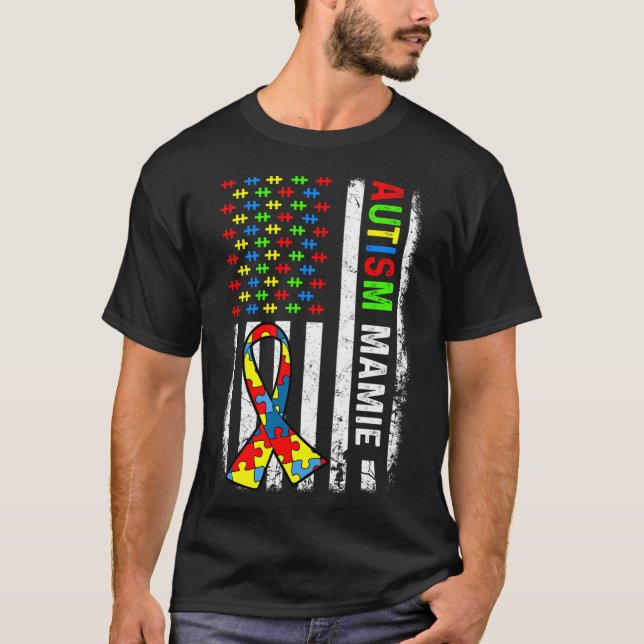 Autism Mamie American Flagga Autism Awareness Fami T Shirt (Framsida)