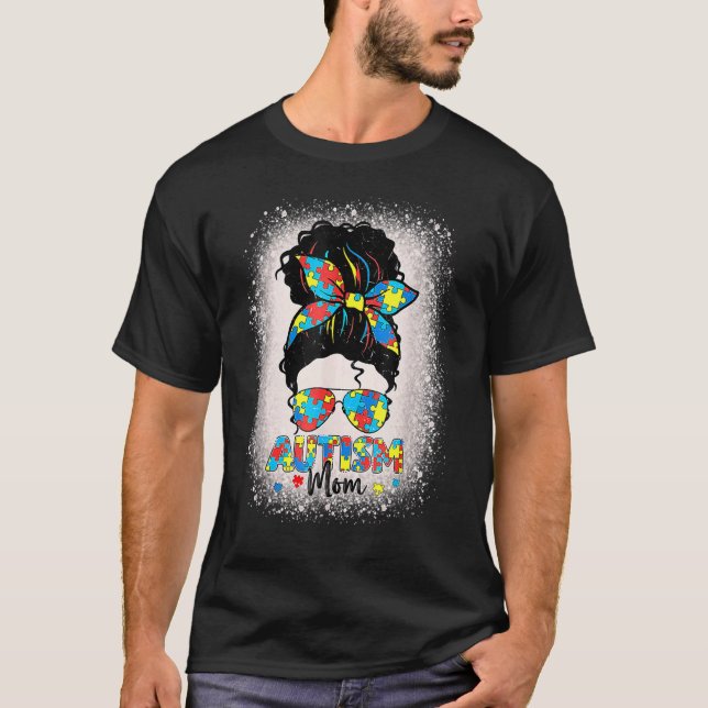 Autism Mamma Awareness Messy Bun Sunglasses Bandan T Shirt (Framsida)