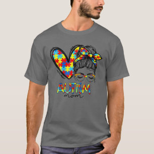 Autism Mamma Heart Messy Bun Sunglasses Bandana Mo T Shirt